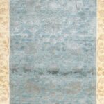 2’11”x9’7” Decorative Blue & Tan Wool & Silk Hand-Knotted Rug - Image 2