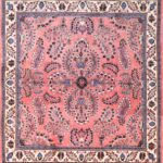 5’6”x5’9”. Traditional Persian red Sarouk Wool Hand-Knotted Rug