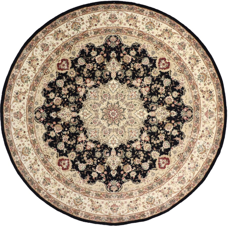 9'11"x9'11" Traditional Tabriz Black Round Wool & Silk Hand-Tufted Rug - Direct Rug Import | Rugs in Chicago, Indiana,South Bend,Granger