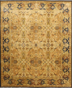 8’1″x9’10″ Transitional Gold, Cream, & Royal Blue Wool & Silk Hand-Knotted Rug