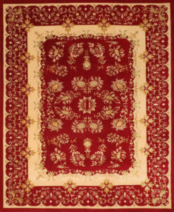 8’1″x10’1″ Aubusson Red, Cream, & Gray Wool & Silk Hand-Knotted Rug