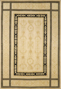7’x10’ Aubusson Cream, Gold, & Black Wool & Silk Hand-Knotted Rug
