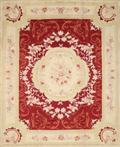 7’11″x10’ Aubusson Red, Green & Cream Wool  Hand-Knotted Rug