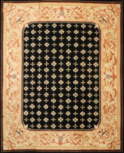 8’x9’11″ Aubusson Black, Cream, & Orange Wool & Silk Hand-Knotted Rug