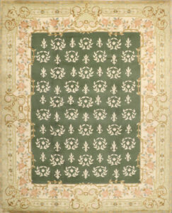 8’x10’ Aubusson Green & Tan Wool Hand-Knotted Rug