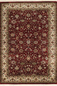 6’1″x8’10″ Traditional Red, Green, & Cream Wool & Silk Hand-Knotted Rug