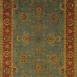 6’1″x8’9″ Traditional Blue, Gold, & Rust Wool Hand-Knotted Rug