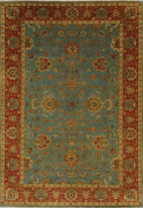 6’1″x8’9″ Traditional Blue, Gold, & Rust Wool Hand-Knotted Rug