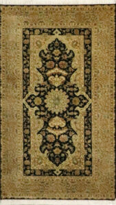 3’1″x5’2″ Traditional Black & Gold Wool & Silk Hand-Knotted Rug