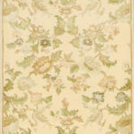 3’x5’ Decorative Cream & Green Wool & Silk Hand-Knotted Rug