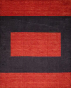 8’x9’11″ Modern Red, Navy, & Orange Wool Hand-Knotted Rug