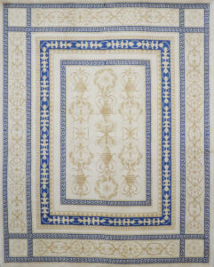 8’x9’10″ Transitional Royal Blue & Cream Wool & Silk Hand-Knotted Rug